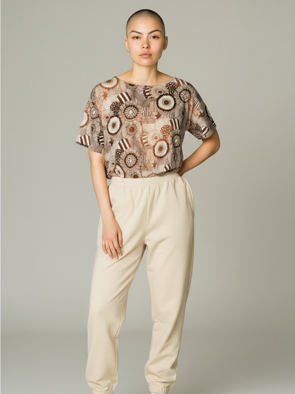 Marimekko by Uniqlo Peach and Black Floral-Print Short Sleeve Top Cotton L